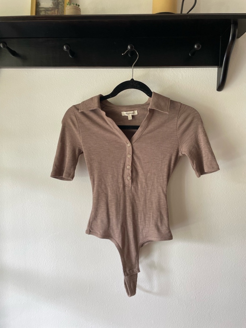 Madewell Ribbed Polo Bodysuit in Taupe Brown